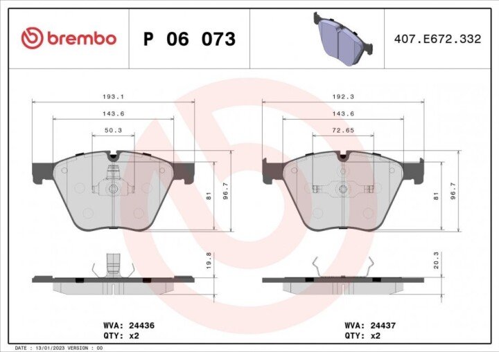 Комплект гальмівних колодок, дискове гальмо BREMBO P 06 073 (фото 1)