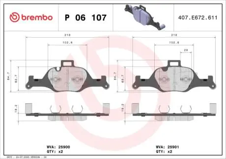 Комплект тормозных колодок, дисковый тормоз BREMBO P 06 107