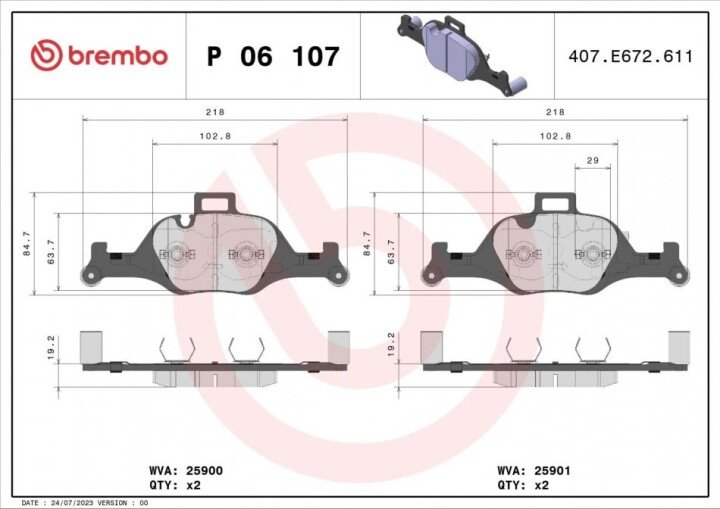 Комплект тормозных колодок, дисковый тормоз BREMBO P 06 107 (фото 1)