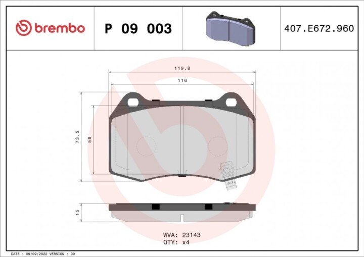 Тормозные колодки дисковые BREMBO P09 003 (фото 1)