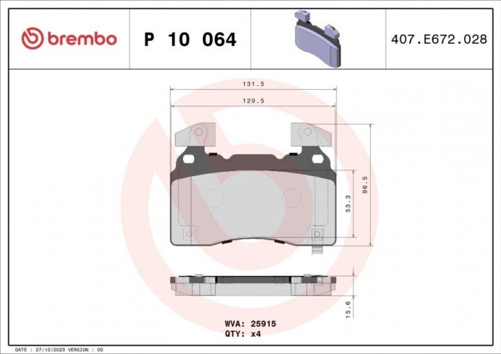 Комплект тормозных колодок, дисковый тормоз BREMBO P 10 064 (фото 1)