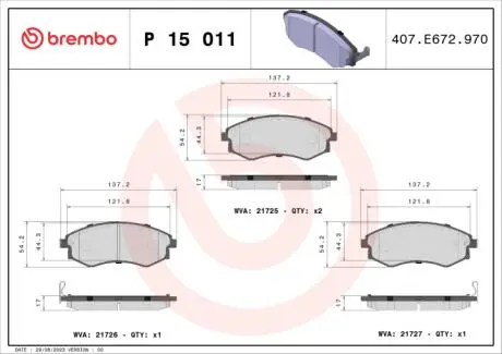 Комплект гальмівних колодок, дискове гальмо BREMBO P 15 011
