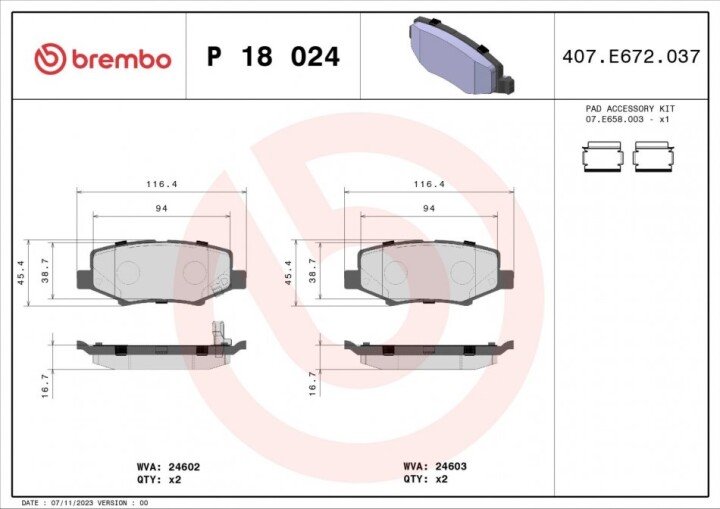 Комплект тормозных колодок, дисковый тормоз BREMBO P 18 024 (фото 1)