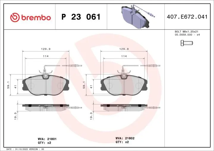 Комплект тормозных колодок, дисковый тормоз BREMBO P 23 061 (фото 1)
