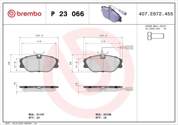 Гальмівні колодки, дискове гальмо (набір) BREMBO P23066 (фото 1)