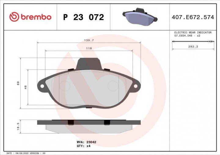 Комплект гальмівних колодок, дискове гальмо BREMBO P 23 072 (фото 1)