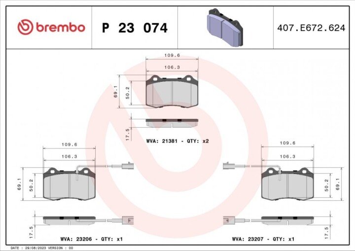 Комплект гальмівних колодок, дискове гальмо BREMBO P 23 074 (фото 1)