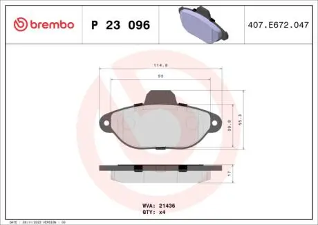 Комплект тормозных колодок, дисковый тормоз BREMBO P 23 096