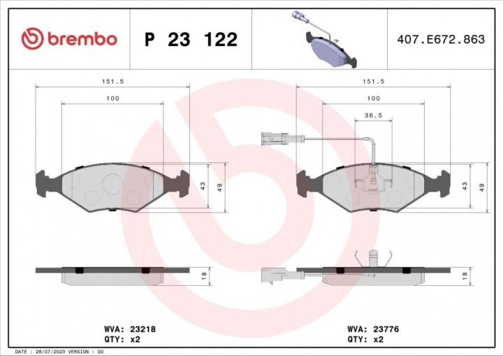 Тормозные колодки дисковые BREMBO P23 122 (фото 1)