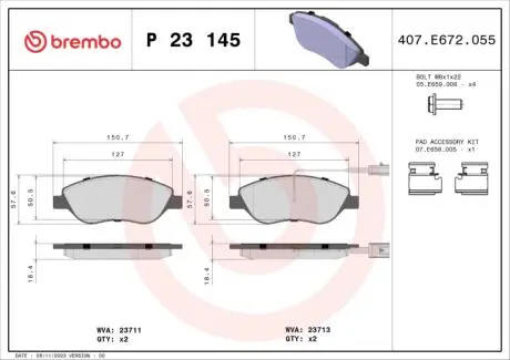 Комплект тормозных колодок, дисковый тормоз BREMBO P 23 145