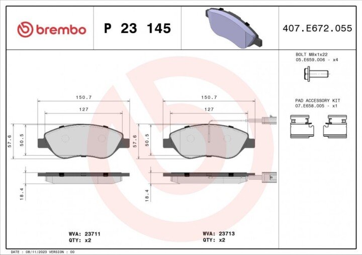 Комплект тормозных колодок, дисковый тормоз BREMBO P 23 145 (фото 1)