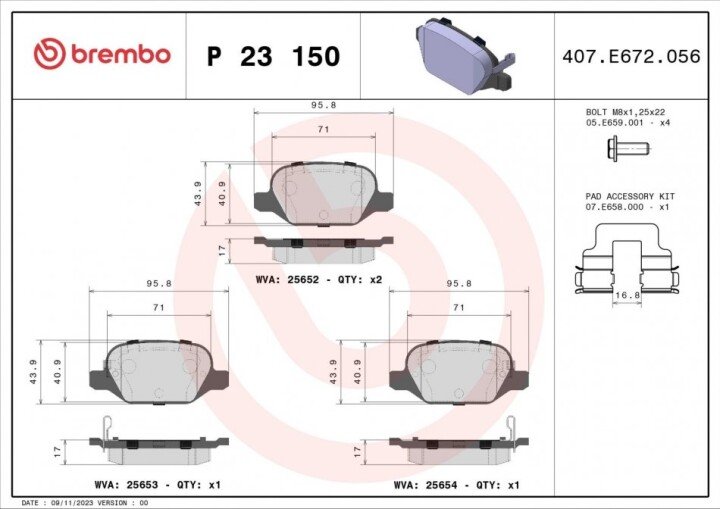 Комплект тормозных колодок, дисковый тормоз BREMBO P 23 150 (фото 1)