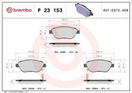 Комплект тормозных колодок, дисковый тормоз BREMBO P 23 153