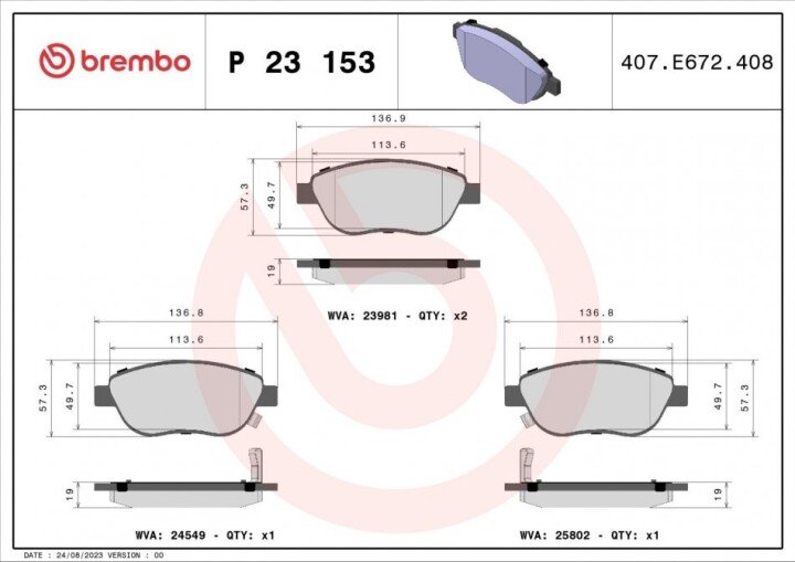 Комплект тормозных колодок, дисковый тормоз BREMBO P 23 153 (фото 1)