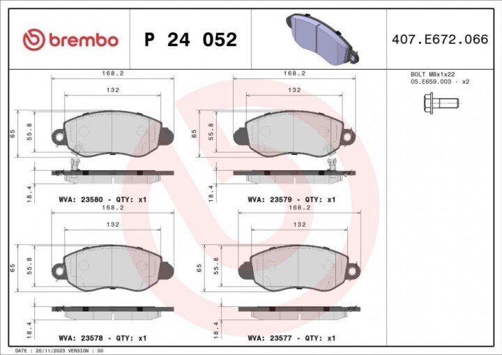 Комплект тормозных колодок, дисковый тормоз BREMBO P 24 052 (фото 1)