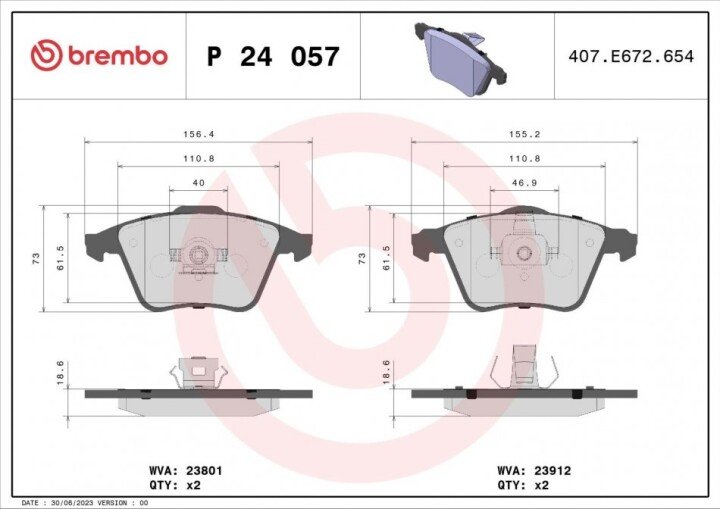 Комплект тормозных колодок, дисковый тормоз BREMBO P 24 057 (фото 1)