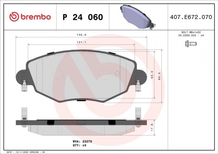 Комплект гальмівних колодок, дискове гальмо BREMBO P 24 060 (фото 1)