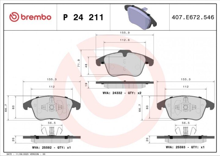 Комплект тормозных колодок, дисковый тормоз BREMBO P 24 211 (фото 1)