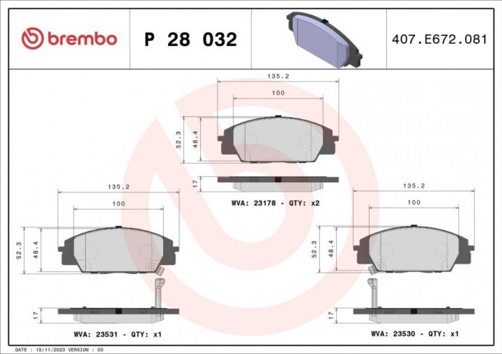 Колодки пер гальмівні к-кт BREMBO P 28 032 (фото 1)