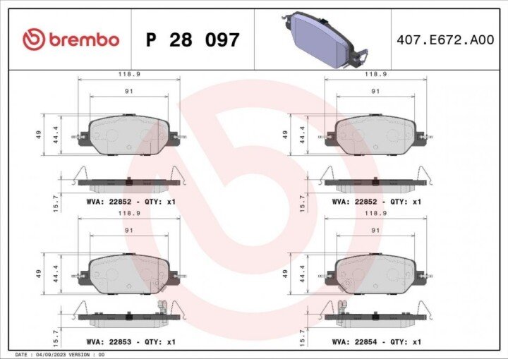 Комплект гальмівних колодок, дискове гальмо BREMBO P 28 097 (фото 1)