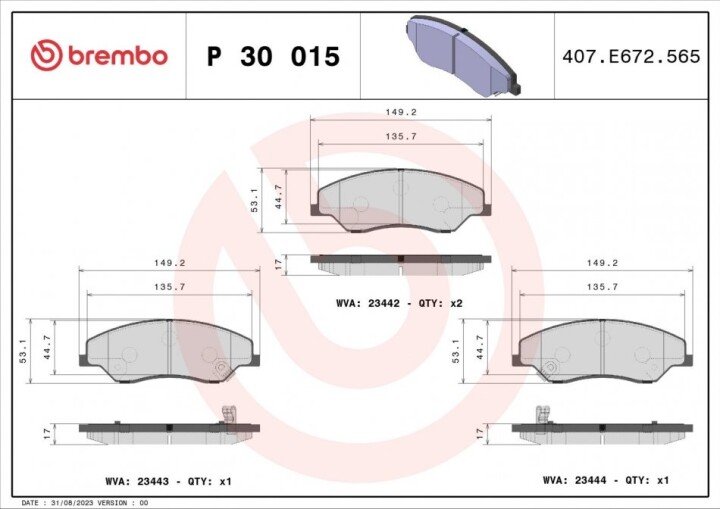 Гальмівні колодки BREMBO P 30 015 (фото 1)