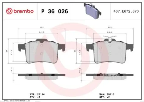 Тормозные колодки BREMBO P 36 026