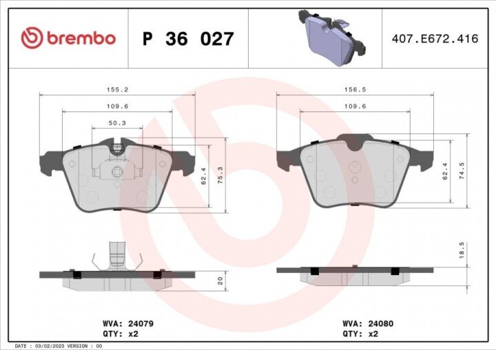 Комплект гальмівних колодок, дискове гальмо BREMBO P 36 027 (фото 1)