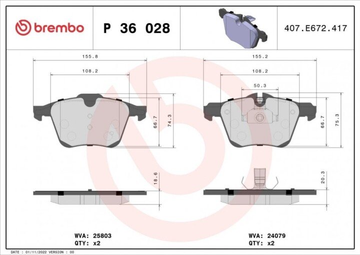 Комплект гальмівних колодок, дискове гальмо BREMBO P 36 028 (фото 1)