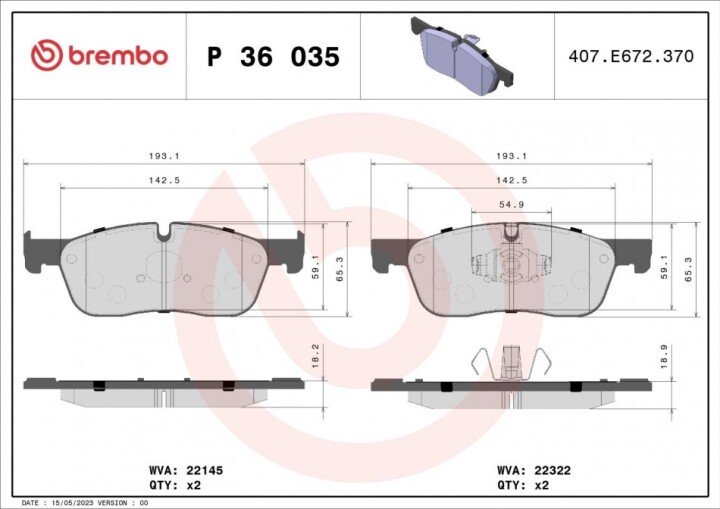 Комплект гальмівних колодок, дискове гальмо BREMBO P 36 035 (фото 1)