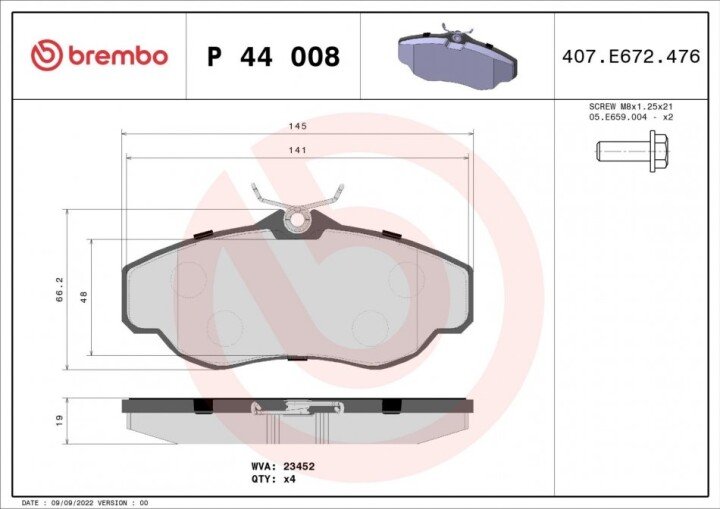 Комплект гальмівних колодок, дискове гальмо BREMBO P 44 008 (фото 1)