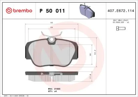 Комплект тормозных колодок, дисковый тормоз BREMBO P 50 011