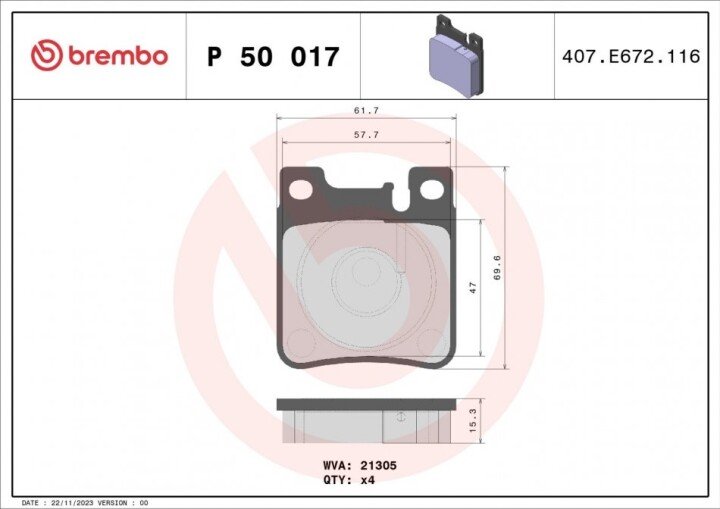 Комплект тормозных колодок, дисковый тормоз BREMBO P 50 017 (фото 1)