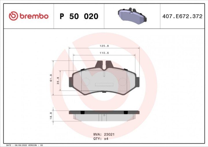 Комплект гальмівних колодок, дискове гальмо BREMBO P 50 020 (фото 1)