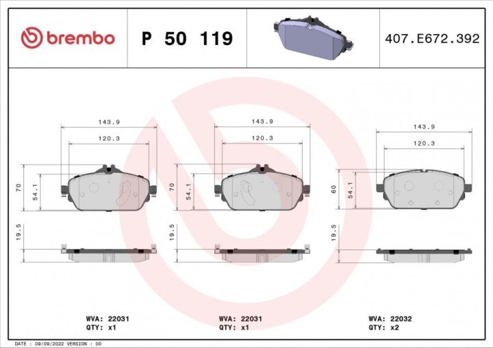 Комплект гальмівних колодок, дискове гальмо BREMBO P 50 119 (фото 1)