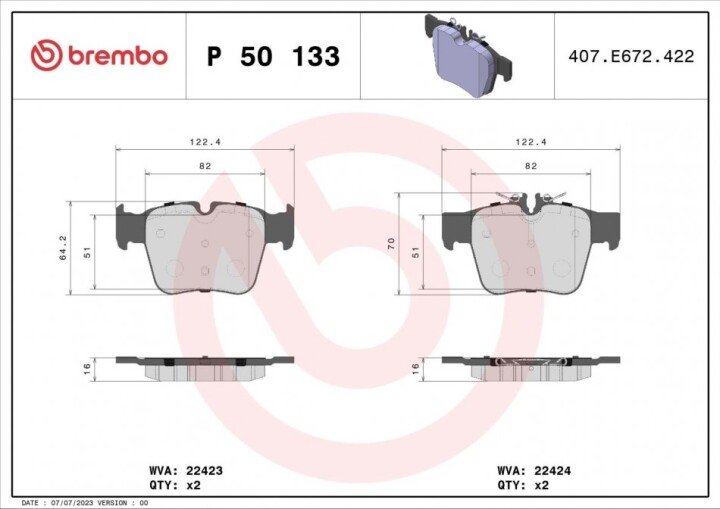 Комплект гальмівних колодок, дискове гальмо BREMBO P 50 133 (фото 1)