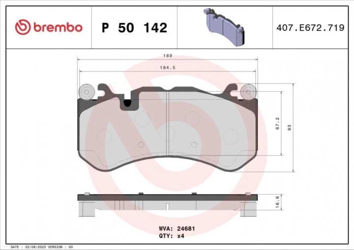 Комплект гальмівних колодок, дискове гальмо BREMBO P 50 142 (фото 1)