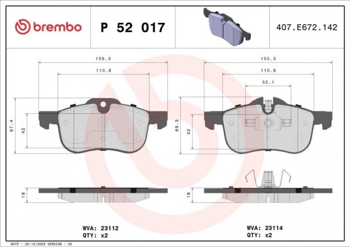 Тормозные колодки BREMBO P 52 017 (фото 1)