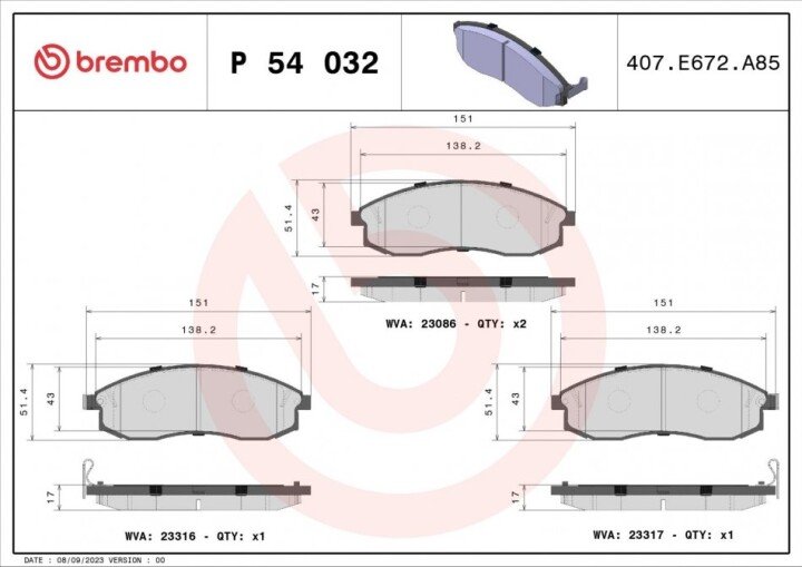 Комплект тормозных колодок, дисковый тормоз BREMBO P 54 032 (фото 1)