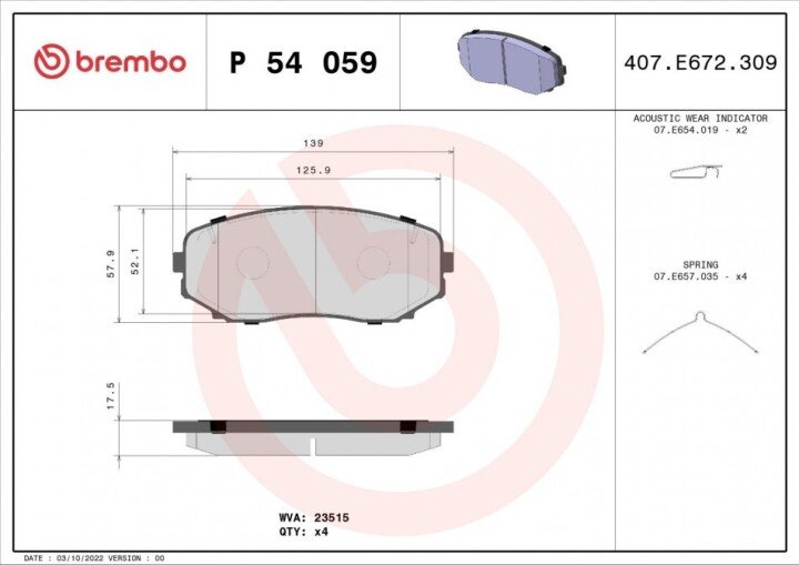 Комплект тормозных колодок, дисковый тормоз BREMBO P 54 059 (фото 1)