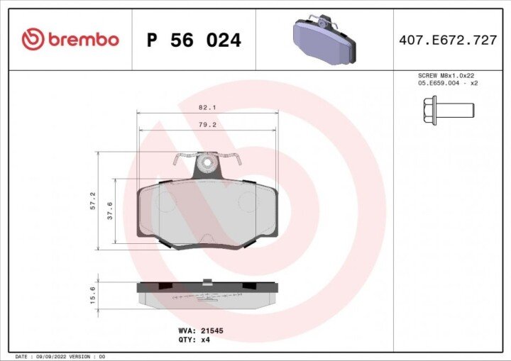 Комплект гальмівних колодок, дискове гальмо BREMBO P 56 024 (фото 1)