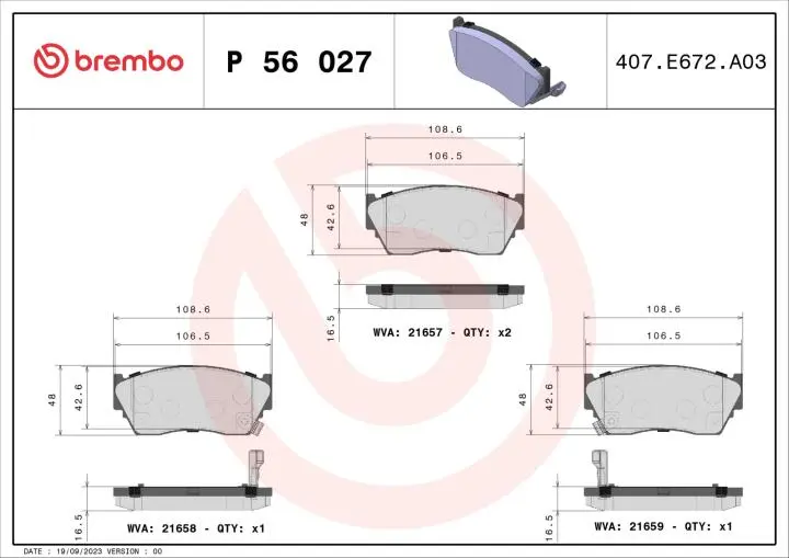 Тормозные колодки, дисковый тормоз (набор) BREMBO P56027 (фото 1)
