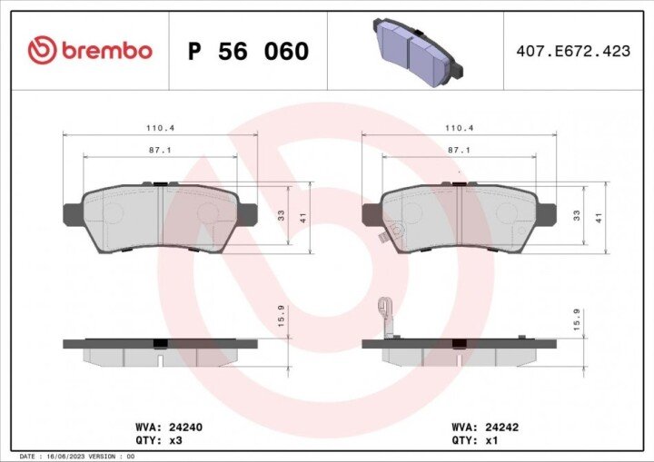 Комплект тормозных колодок, дисковый тормоз BREMBO P 56 060 (фото 1)