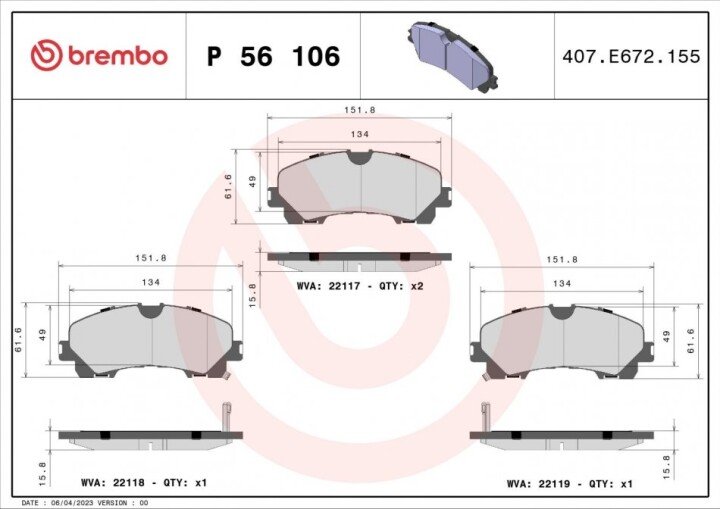 Комплект гальмівних колодок, дискове гальмо BREMBO P 56 106 (фото 1)