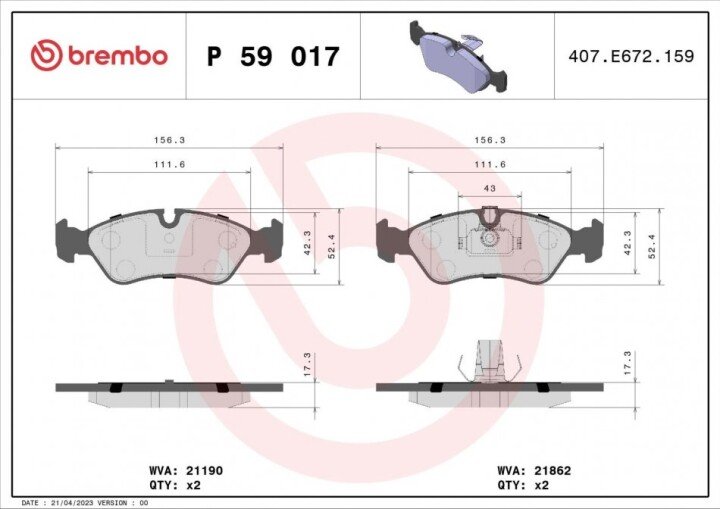 Комплект тормозных колодок, дисковый тормоз BREMBO P 59 017 (фото 1)