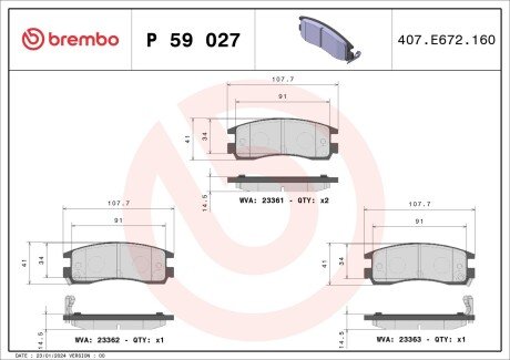 Комплект тормозных колодок, дисковый тормоз BREMBO P 59 027