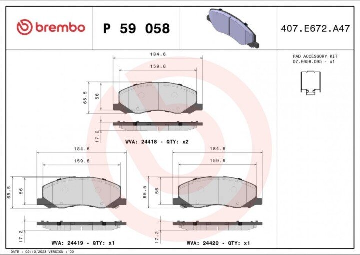 Комплект тормозных колодок, дисковый тормоз BREMBO P 59 058 (фото 1)