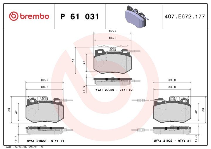 Комплект тормозных колодок, дисковый тормоз BREMBO P 61 031 (фото 1)