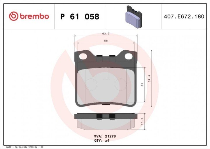 Кол-кт зад. гальм. колодок (без датч.) peugeot 406/605/607 96- BREMBO P 61 058 (фото 1)