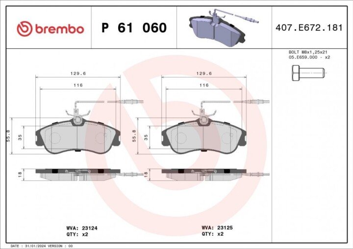 Комплект гальмівних колодок, дискове гальмо BREMBO P 61 060 (фото 1)