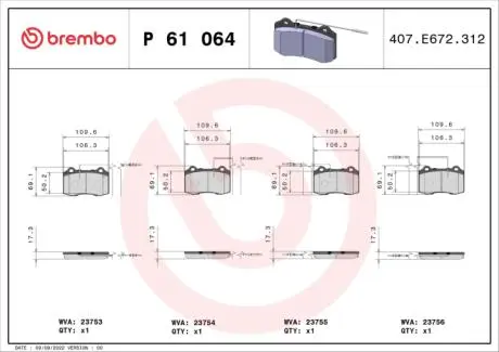 Комплект тормозных колодок, дисковый тормоз BREMBO P 61 064